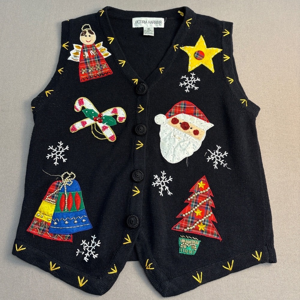 Victoria Harbour Vintage Christmas Sweater Vest Black Angel Santa Plaid Medium